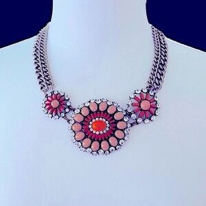 J Crew Necklace Boho Floral Coral Orange Rhinestone Statement 23”